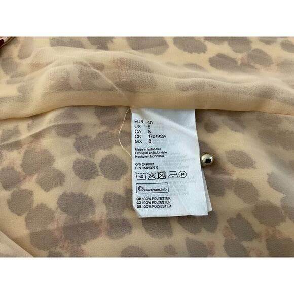 H&M Women's Dress Size 8 Soft Leopard Print 3/4 Sleeve Tie Waist Cream Red - Picture 8 of 13